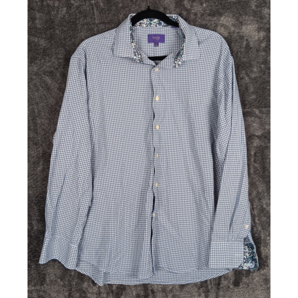 Tallia Men's Blue‎ Houndstooth Paisley Flip Cuff XL 17.5 Cotton Button Up Shirt